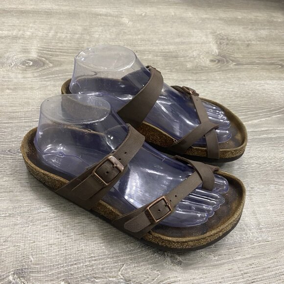 Birkenstock Mayari Womens 7 Sandals Slip On Slides Brown Leather Toe Loop EU 38 - Picture 1 of 6